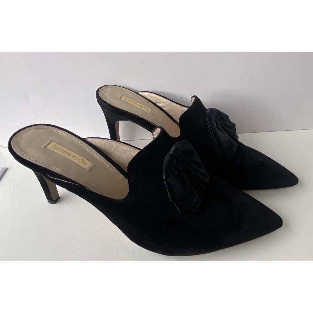 Louise et Cie Katerina Black Velvet Bow Mules Pointed Toe Kitten Heels Size 10 - Picture 2 of 9